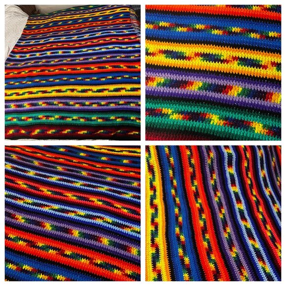 VTG Handmade Crochet Rainbow Striped Blanket Vibrant Multicolor 70x100in - Picture 3 of 16